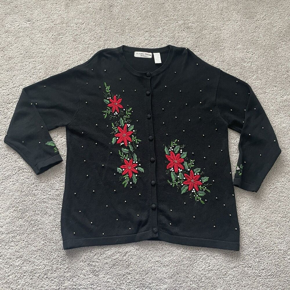 Victoria Jones Sweater Womens Size 1X Holiday Poinsettia Beaded Embroidery